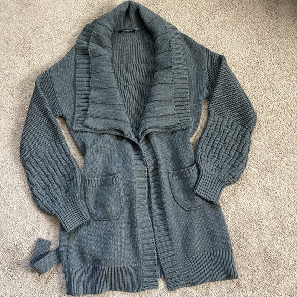 Elie Tahari Double Shawl Collar Midi Balloon Sleeve Cardigan Gray Thick Womens L - Picture 4 of 7